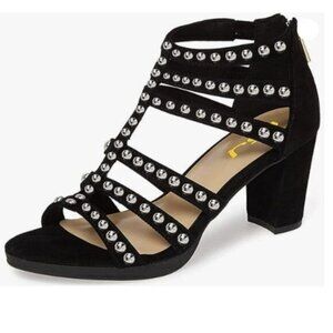FSJ Women Chunky Mid High Heel Sandals Open Toe T-Strap Pumps Cutout Shoes Black